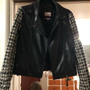 Black faux leather jacket with wool sleeves